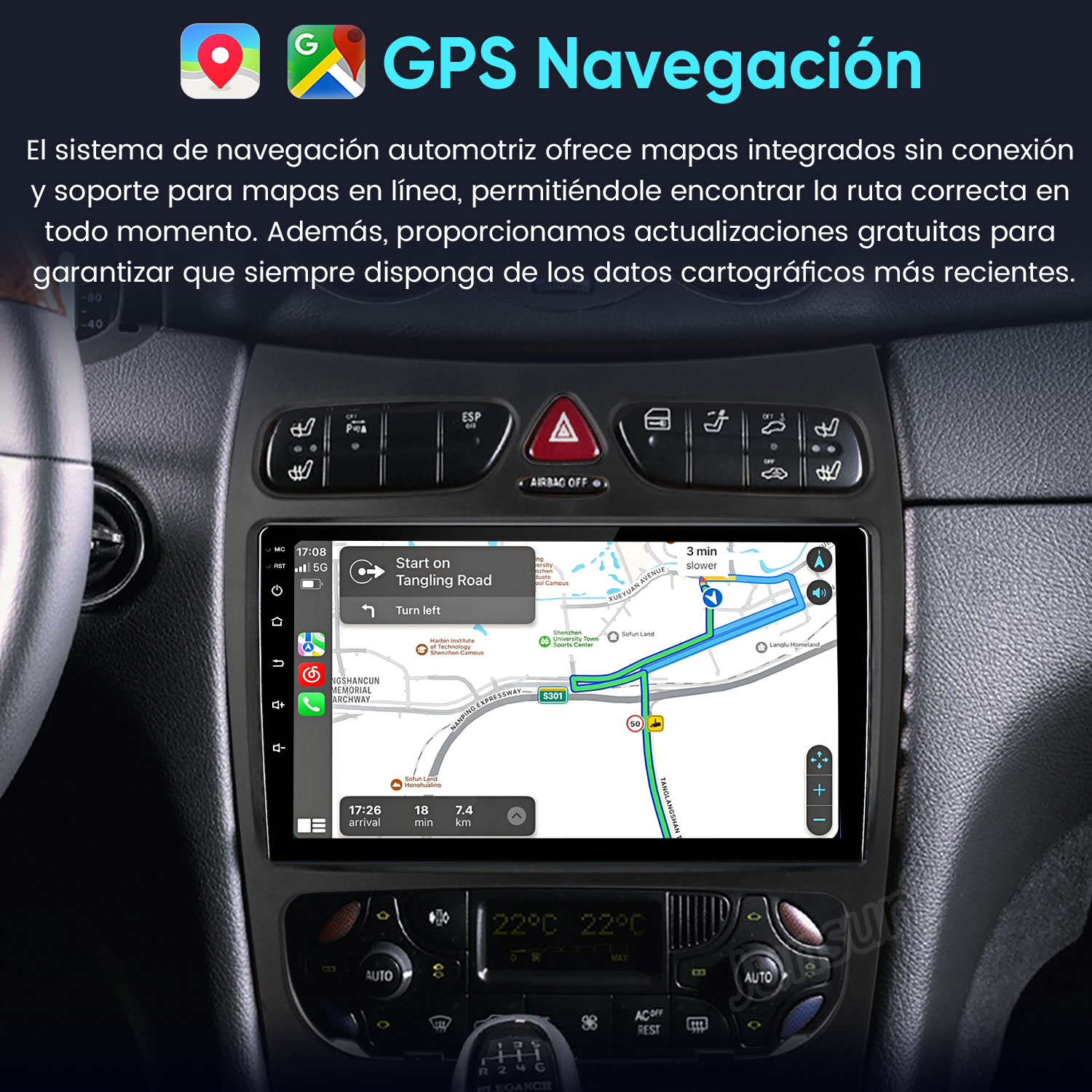 Sistema de navegación de coche que muestra mapas y guía de ruta en pantalla.