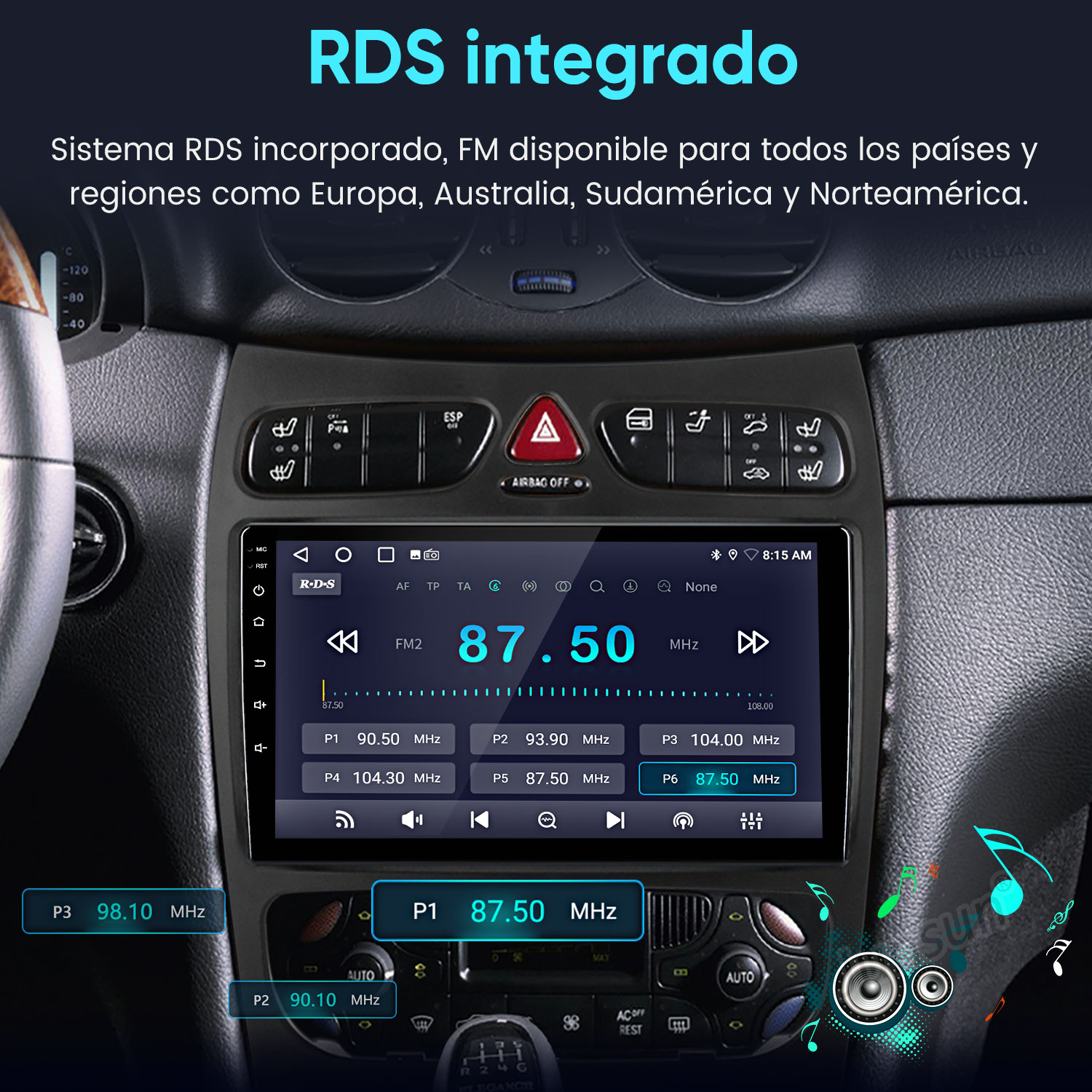 Pantalla de radio de coche muestra FM2 a 87.50 MHz, emisoras y hora.