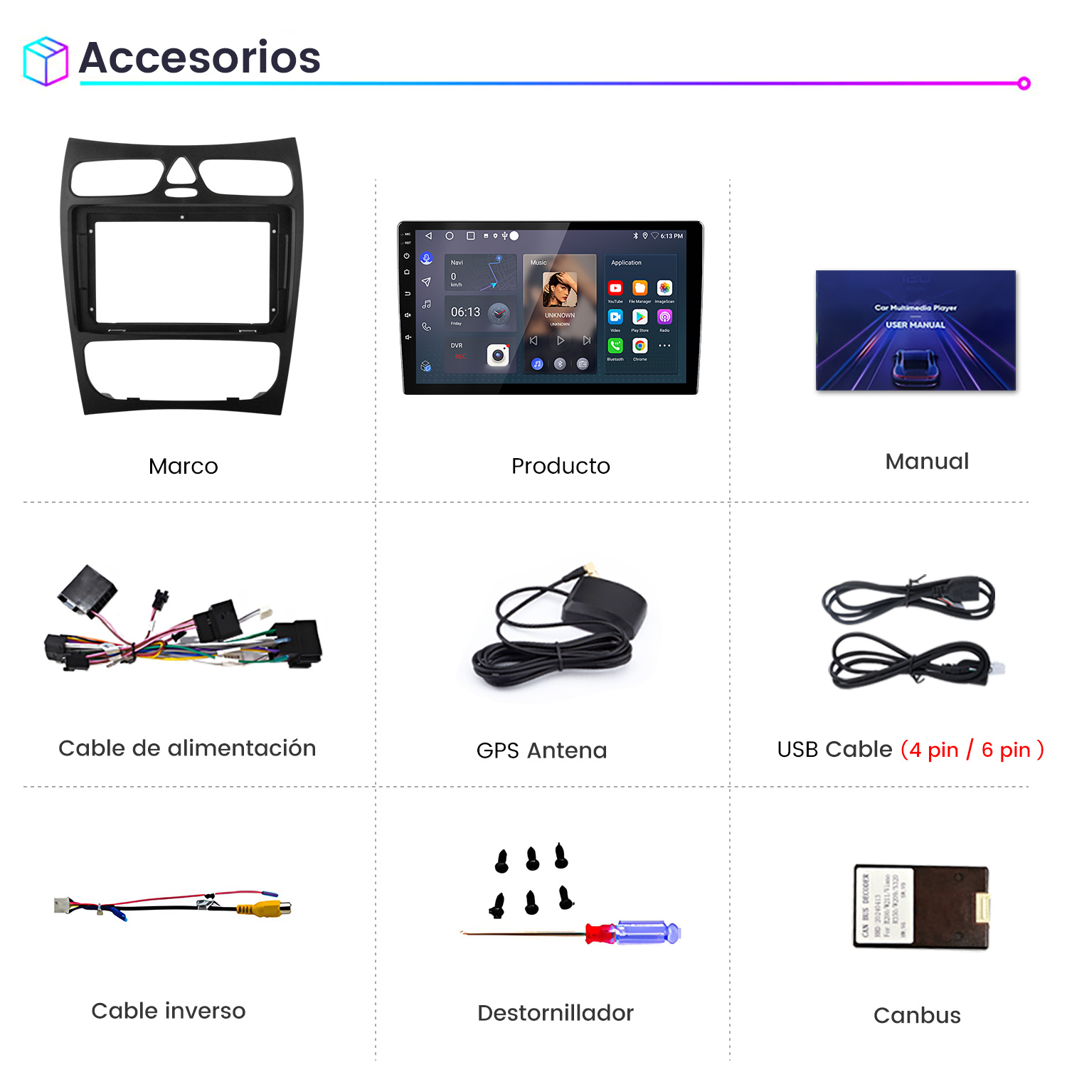 Accesorios coche: Marco, reproductor multimedia, manual, cables, GPS, tornillos, destornillador, Canbus.