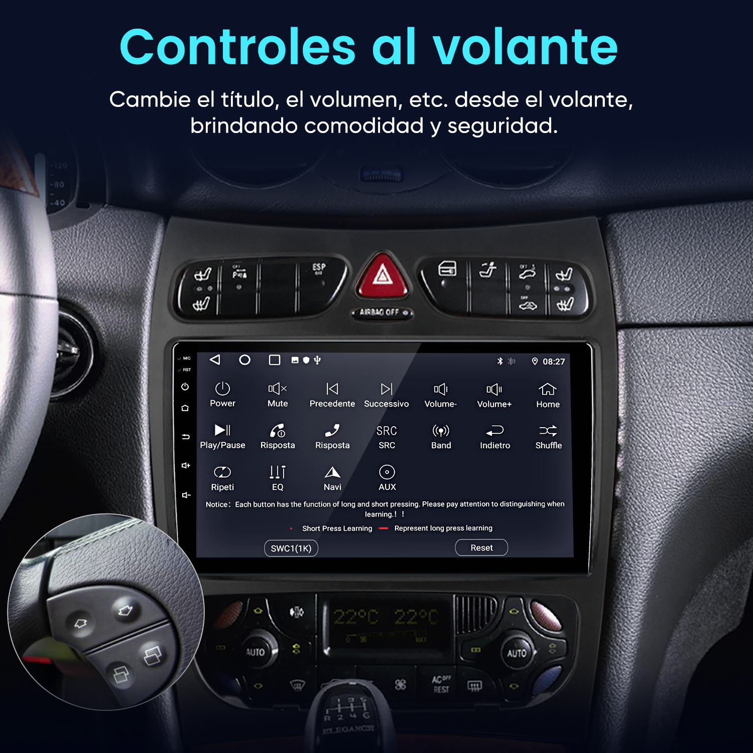 Salpicadero de coche con radio táctil que muestra controles del volante.