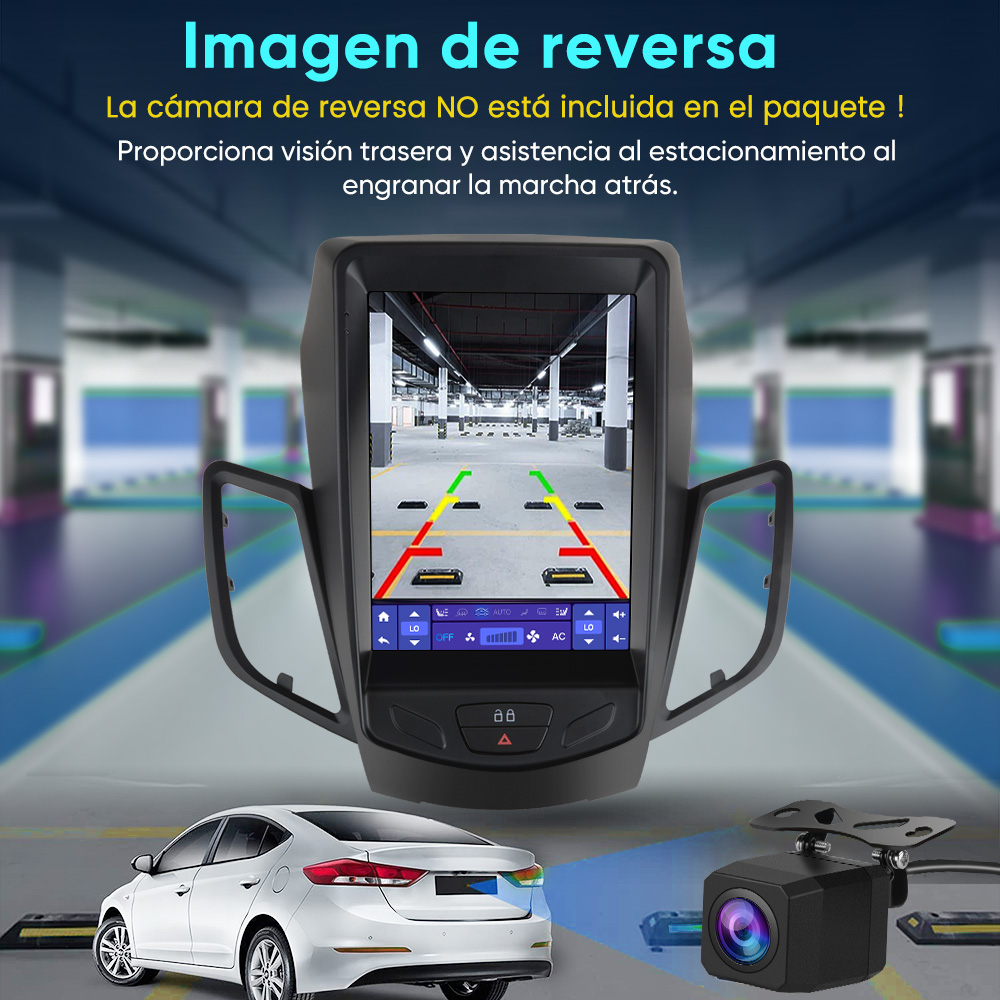 Una pantalla de cámara de reversa muestra vista de garaje.