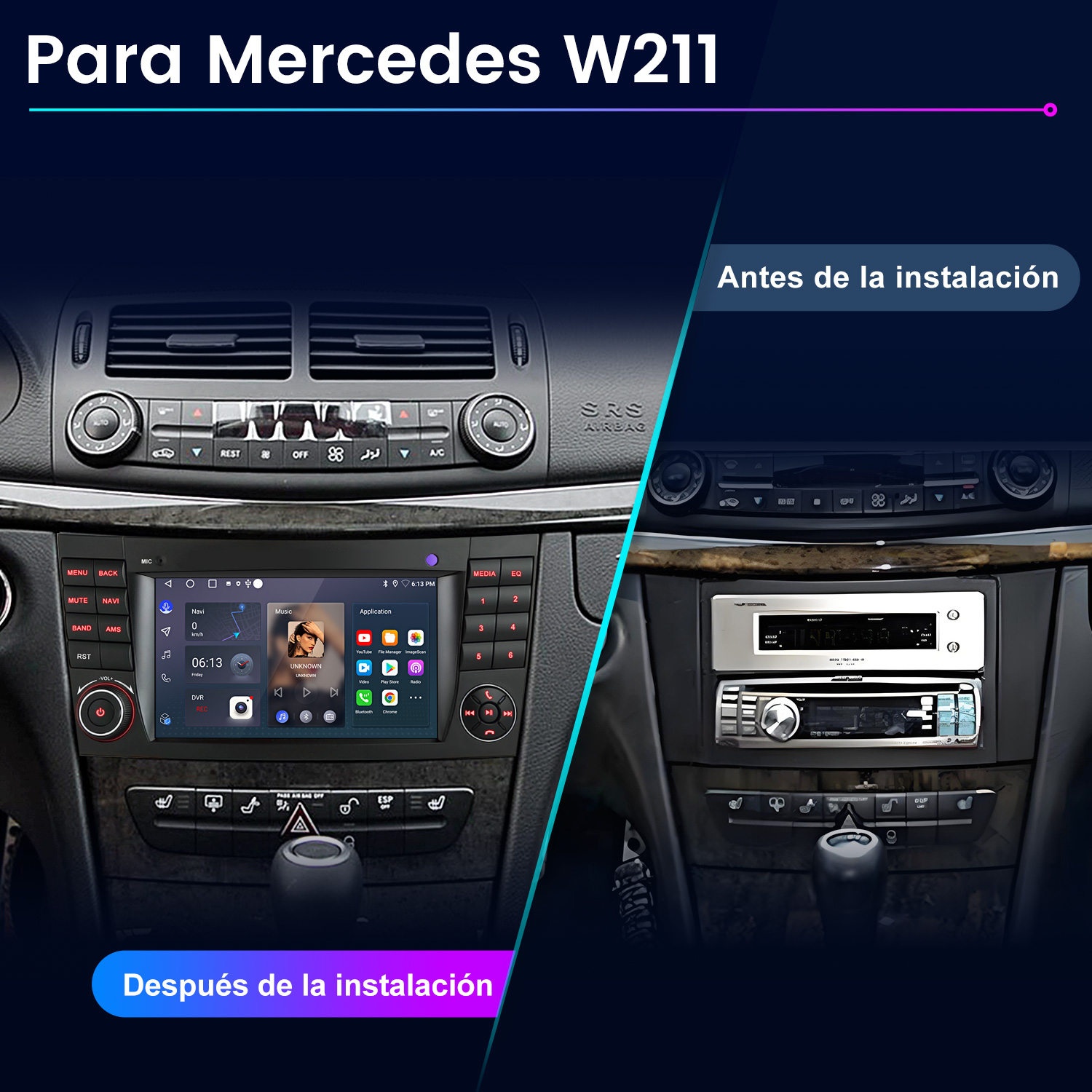Comparación antes y después del salpicadero de un Mercedes W211 con un nuevo sistema de infoentretenimiento.