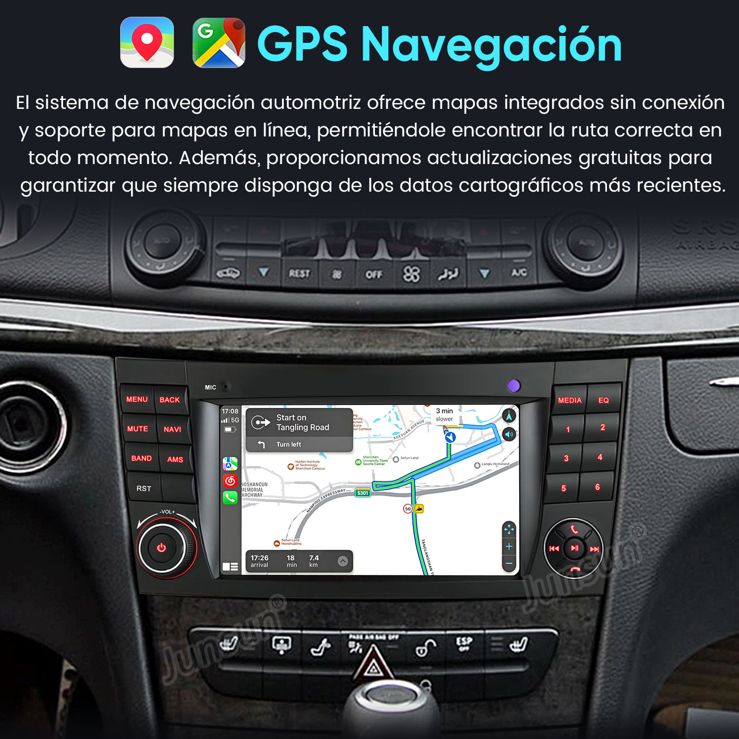 Sistema de navegación de coche mostrando mapas y guía de ruta en pantalla.