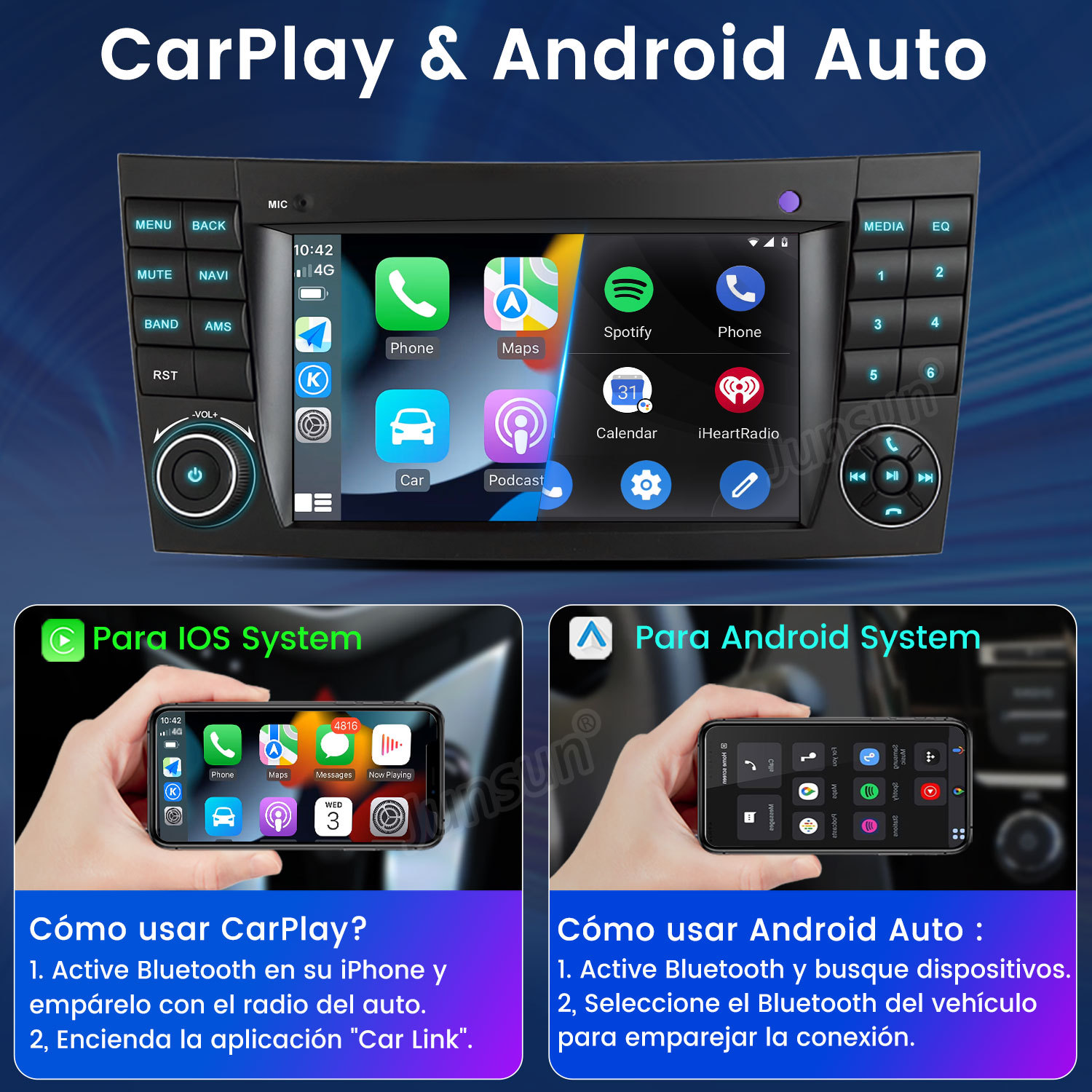 Sistema de infoentretenimiento de coche muestra CarPlay y Android Auto. Abajo dos teléfonos.