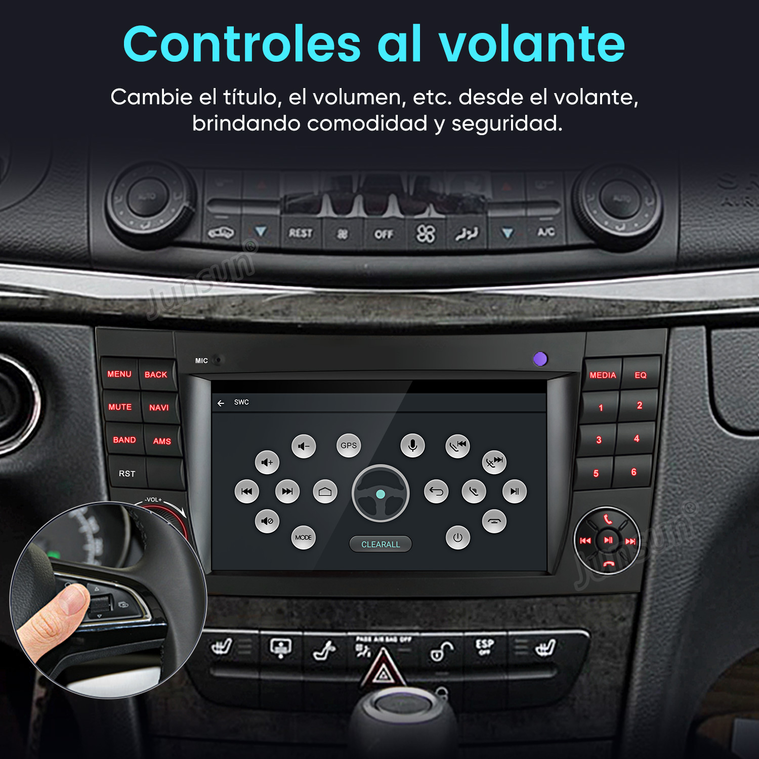 Interior de coche mostrando pantalla táctil y controles en el volante.