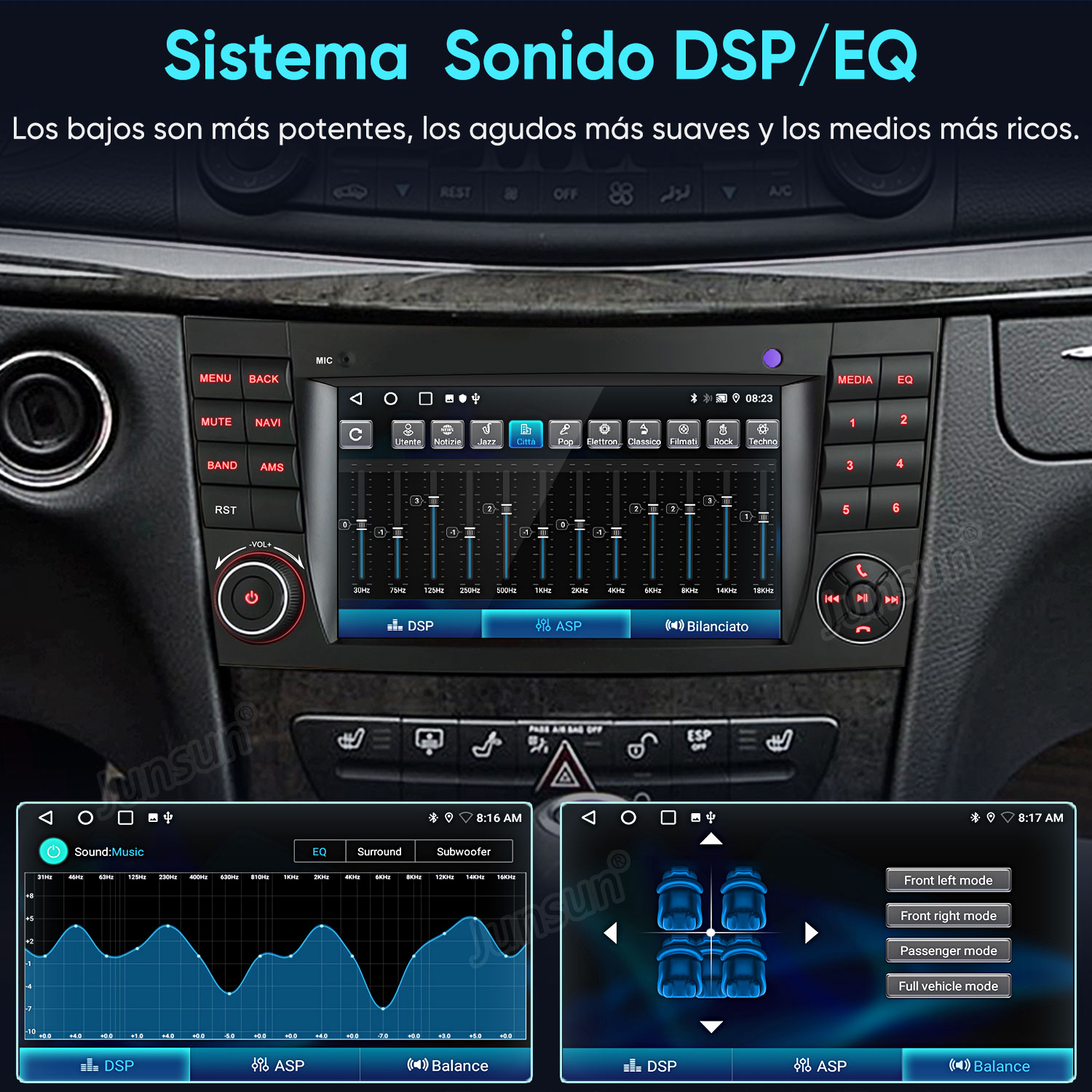 Sistema de infoentretenimiento del coche con ajustes de EQ y DSP, gráfico de ecualizador y configuración de asientos.