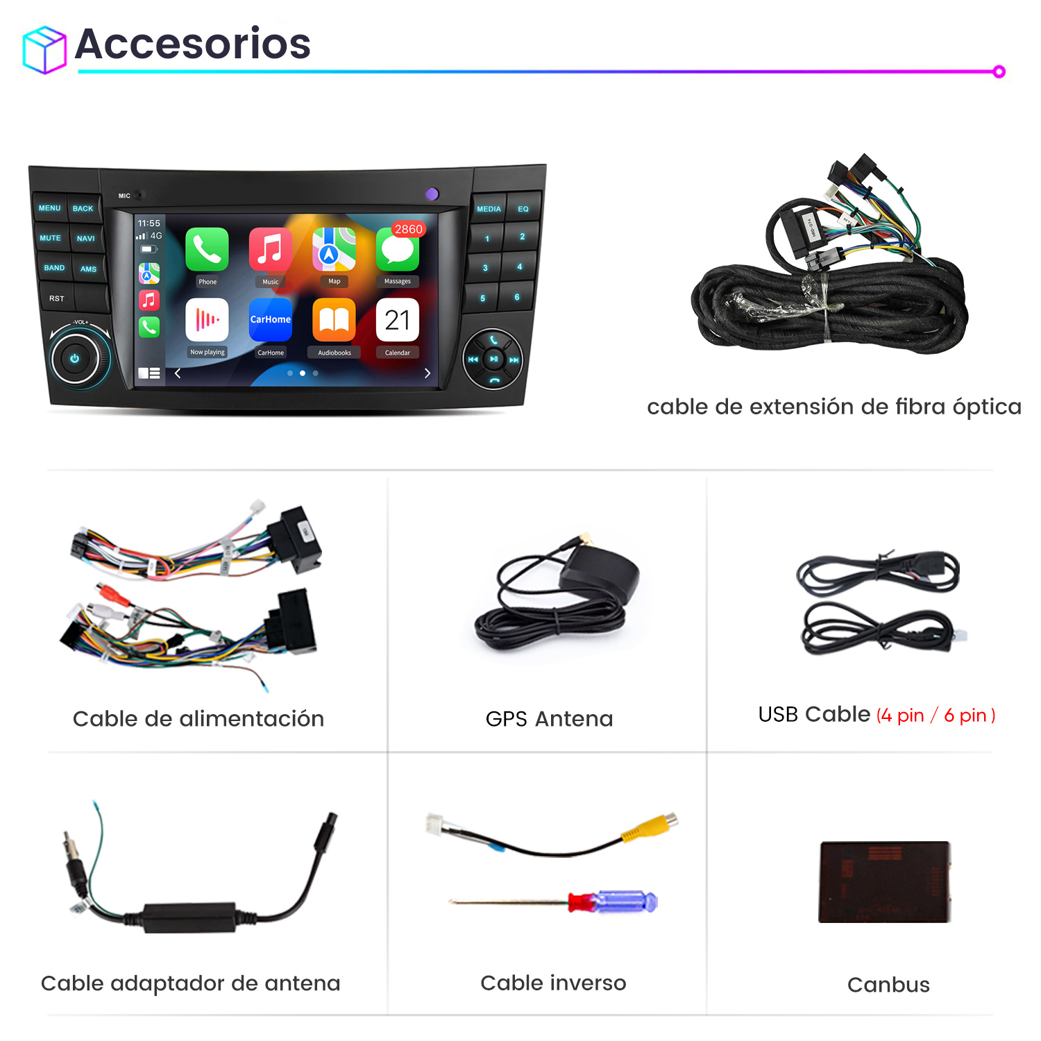 Una radio de coche con navegación y accesorios como cables y antena.