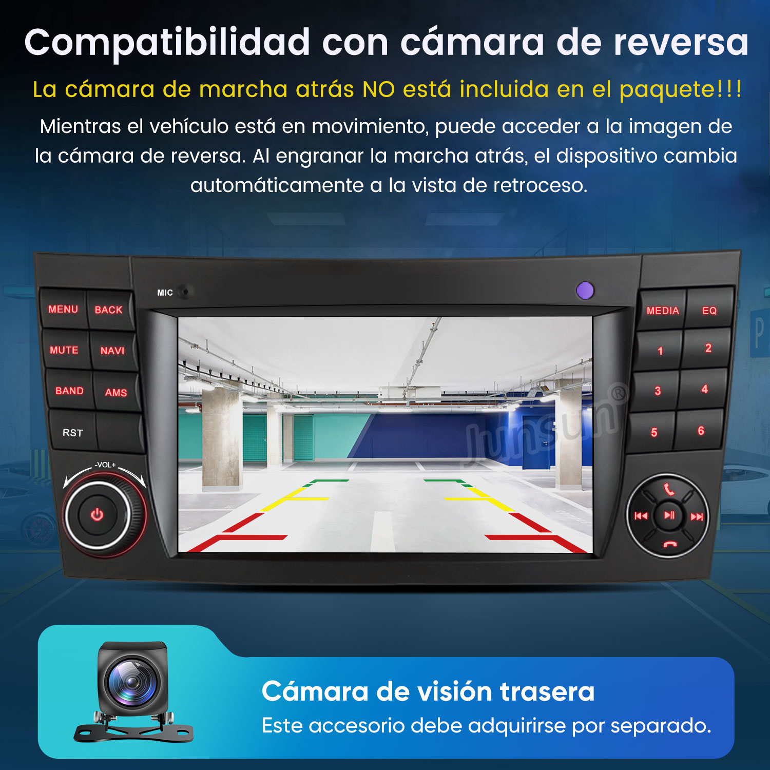 Pantalla de autorradio muestra vista de cámara trasera en garaje.