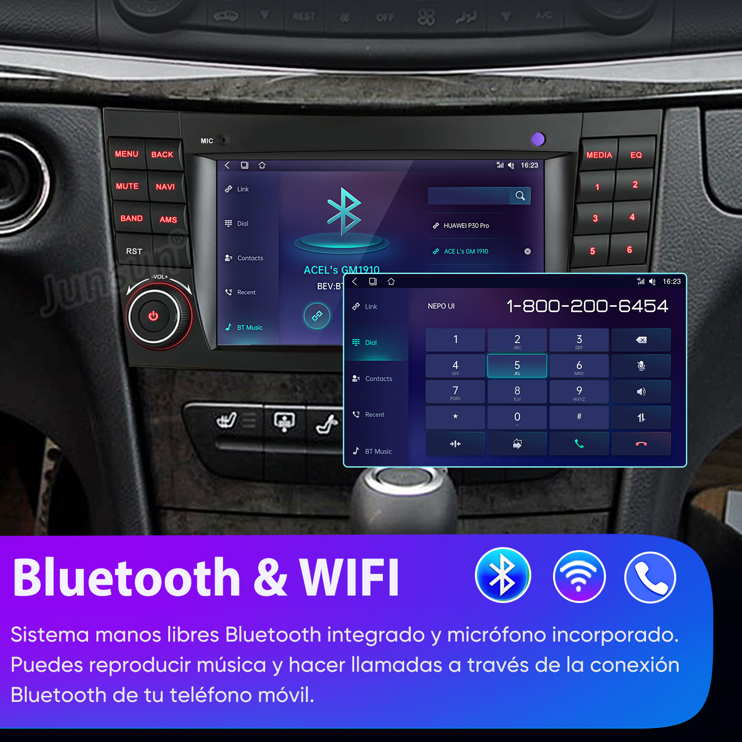 Interior de coche con radio de pantalla táctil mostrando funciones Bluetooth y de marcación.