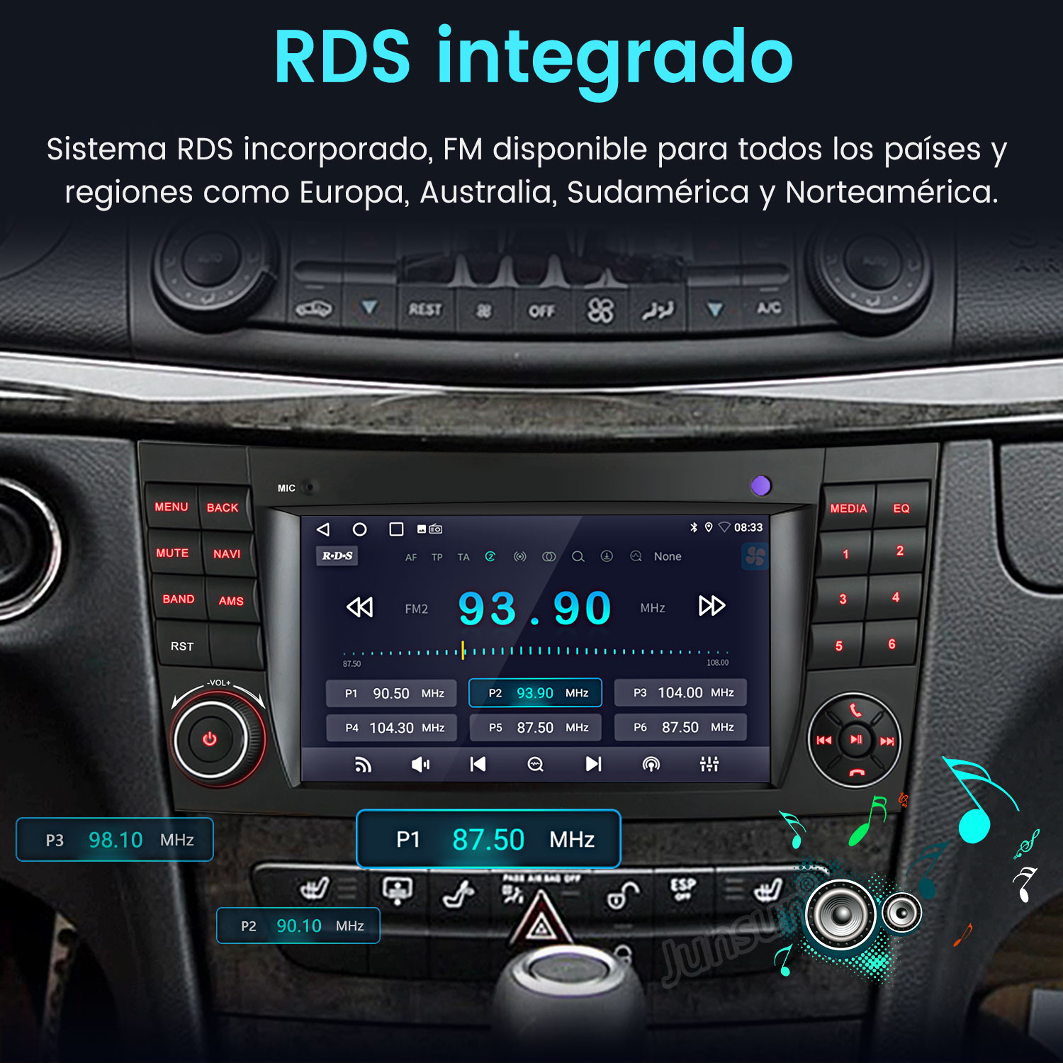 Pantalla de radio de coche muestra frecuencias FM y botones, con texto sobre RDS.