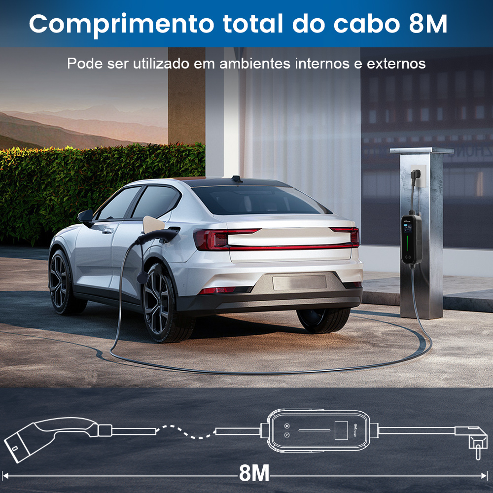 Coche eléctrico plateado cargando en estación. El cable mide 8M.