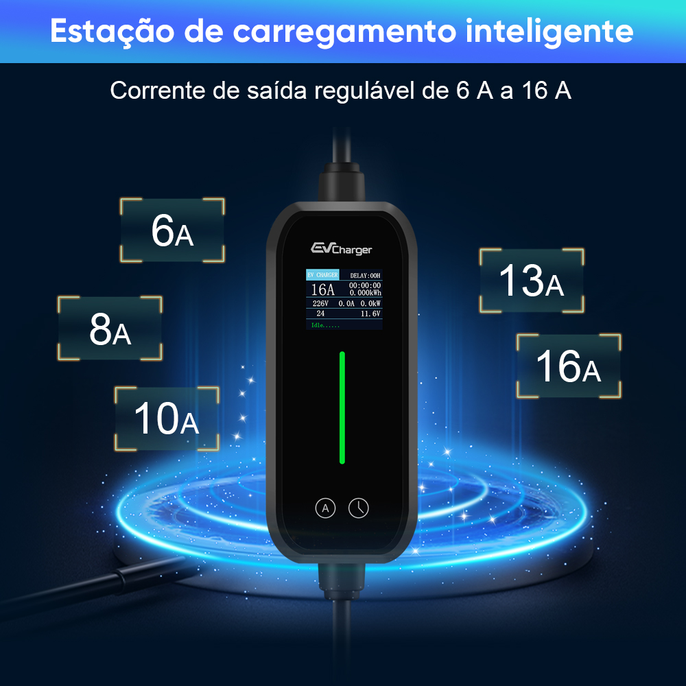 Cargador inteligente con corriente ajustable de 6A a 16A.