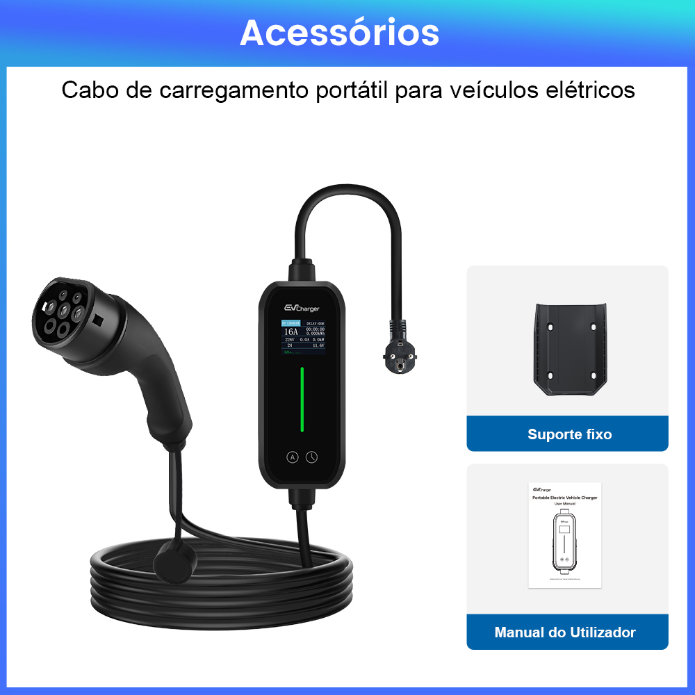 Un cargador portátil para VE con cable, soporte y manual.