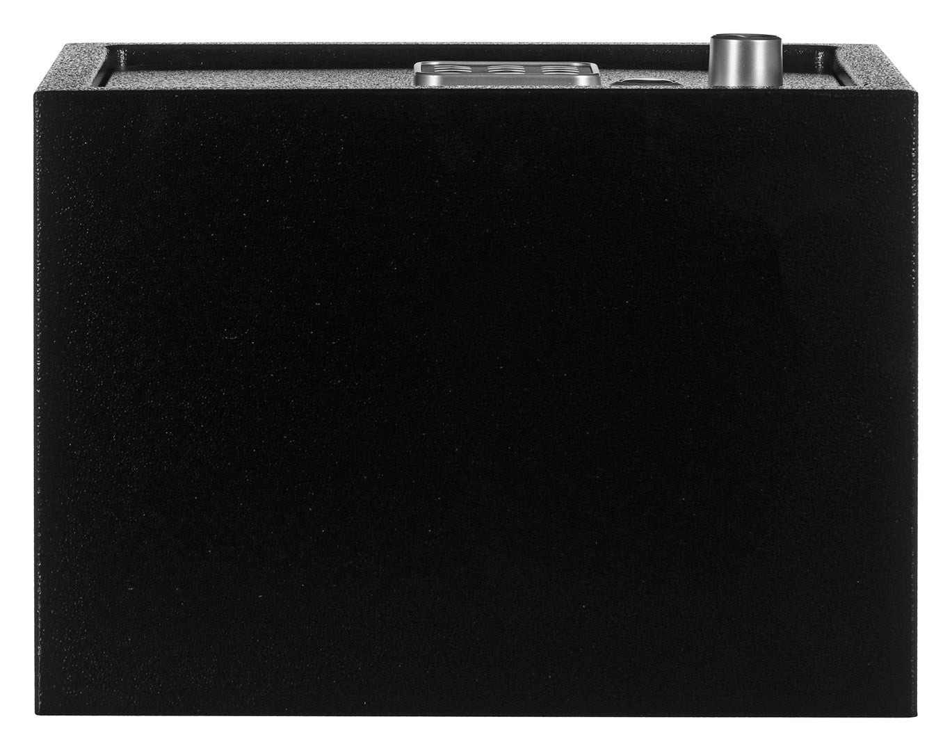Schwarzer Stahlschrank mit silbernem Zifferblatt und silbernem Knopf oben.