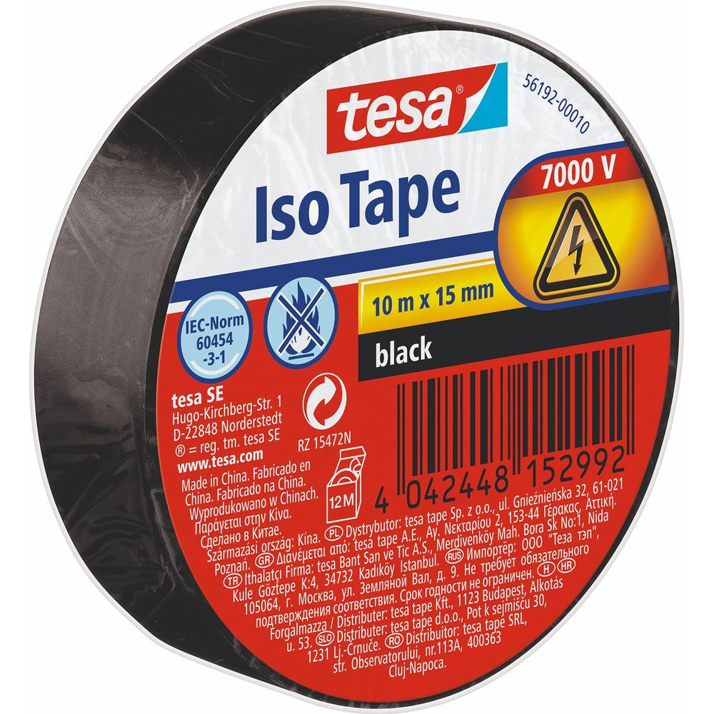 Schwarzes Isolierband von Tesa, 10m x 15mm, 7000V, mit Warnsymbol.