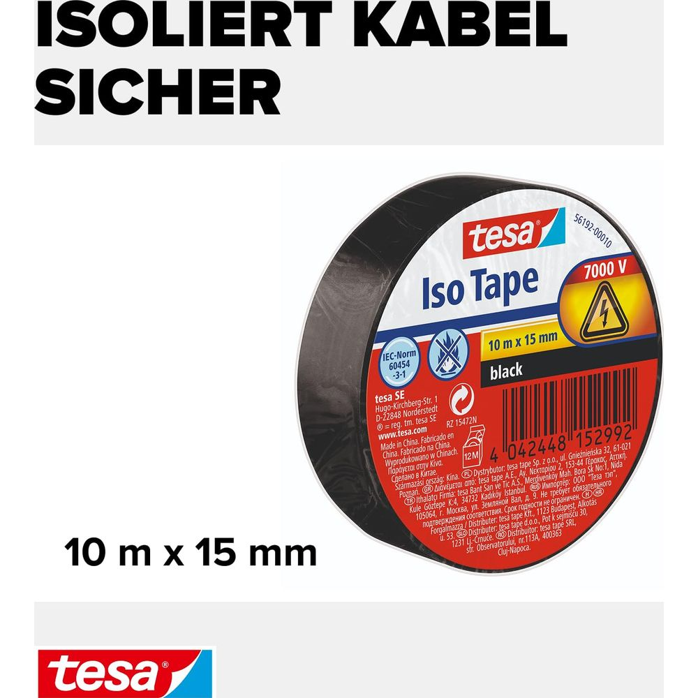 Schwarzes Isolierband von Tesa, 10m x 15mm, 7000V.