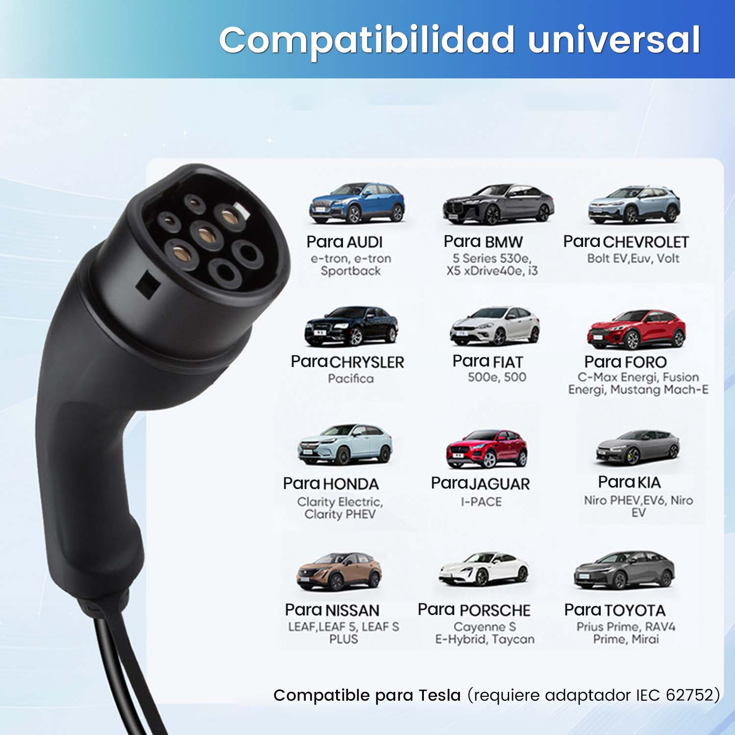 Cable de carga con muchas marcas y modelos de automóviles listados.