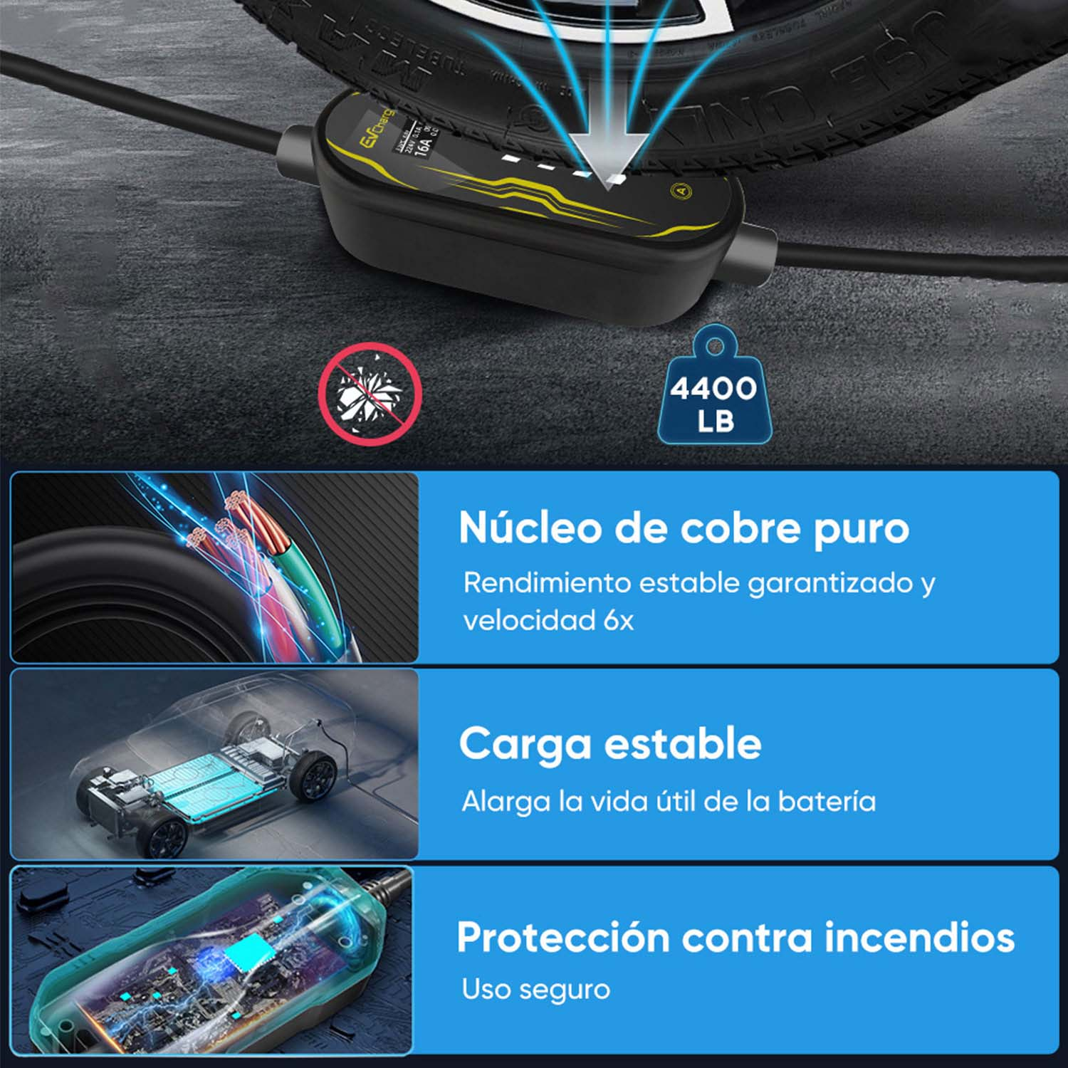 Cargador de VE con núcleo de cobre, carga estable, protección contra incendios.