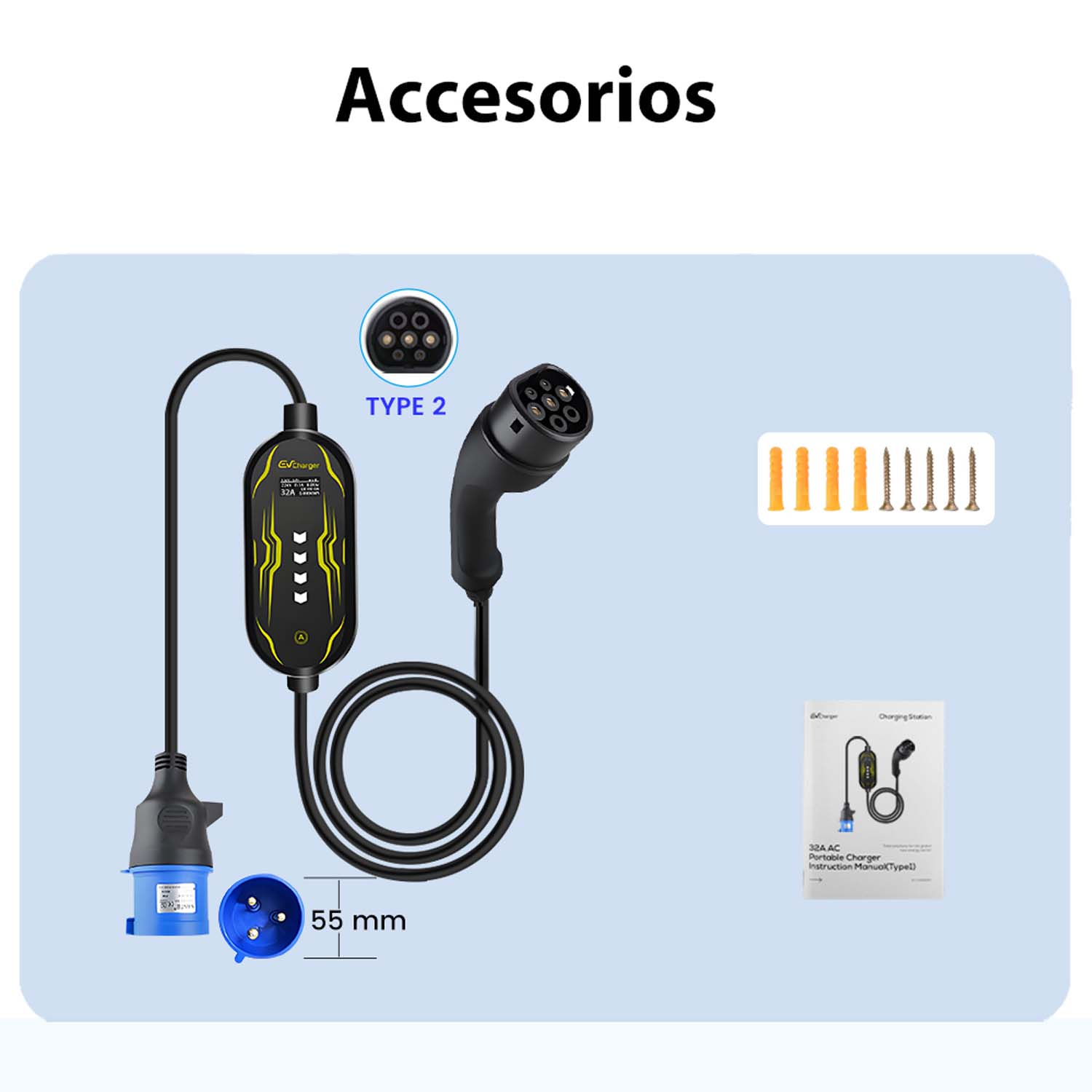 Cargador EV con enchufe Tipo 2, toma azul, tacos y tornillos.