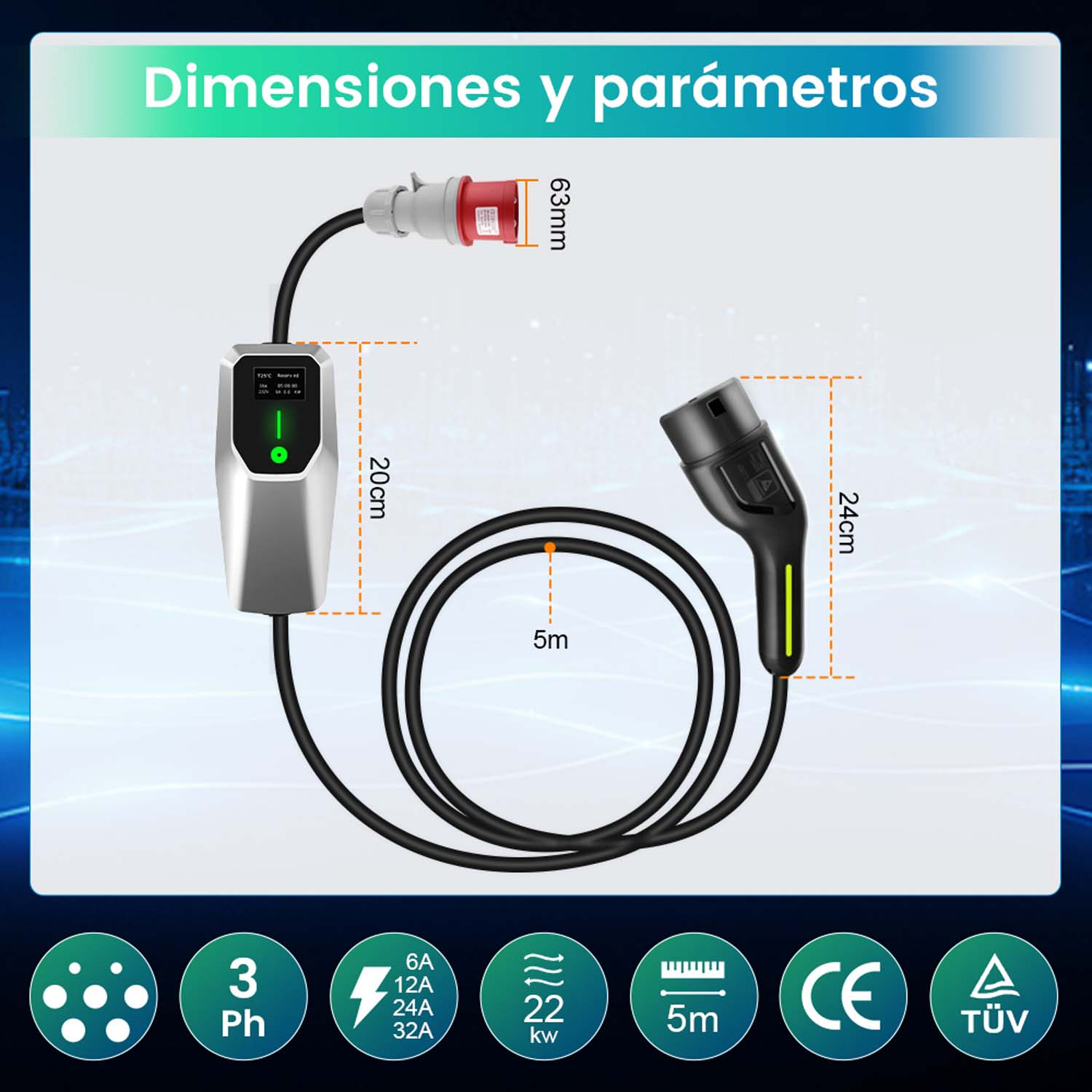 Cargador con cable, 20cm alto, 24cm enchufe, 63mm conector, 5m cable.