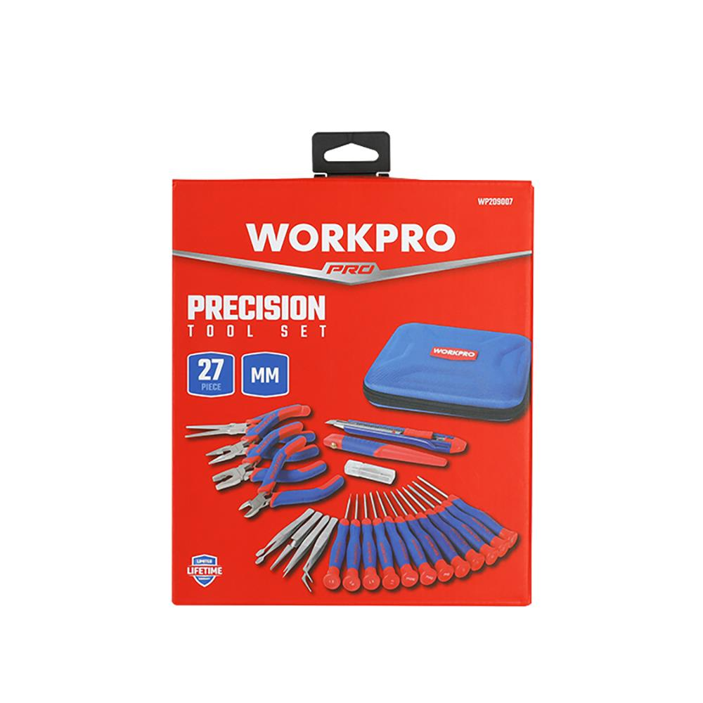 WORKPRO 27 parçalı hassas alet seti pense, tornavida ve mavi kutu içerir.