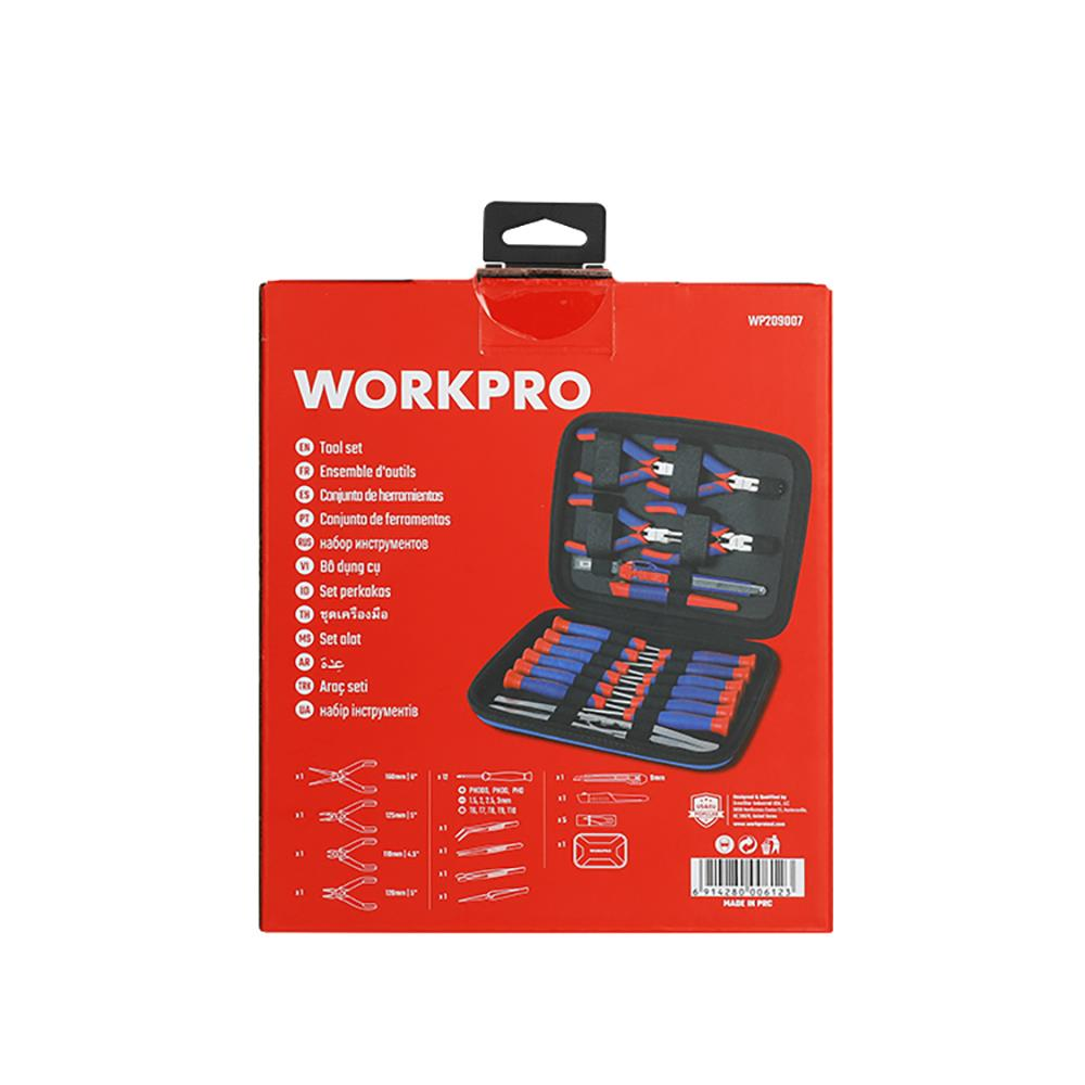 WORKPRO logolu kırmızı kutu, pense ve tornavidalar içeren açık bir alet seti gösteriyor.