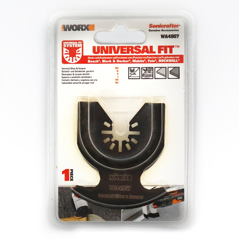 WORX Universal Fit tırtıklı dilimleyici ve kazıyıcı aletli ambalaj.