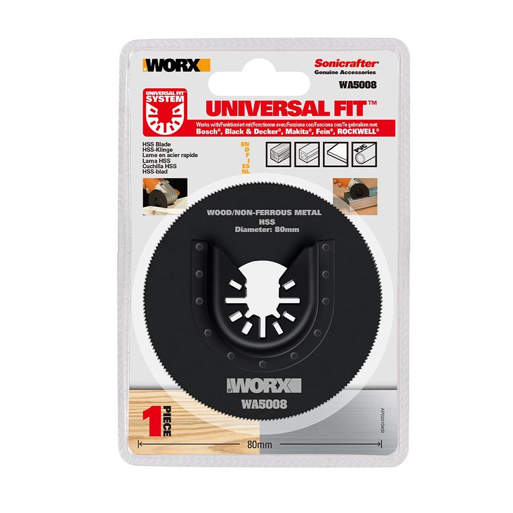 Ahşap/demirsiz metaller için WORX WA5008 Universal Fit HSS testere bıçağı ambalajı.