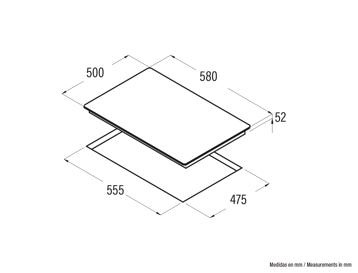 Dibujo técnico de una placa de cocina con dimensiones 500x580x52mm y hueco 555x475mm.