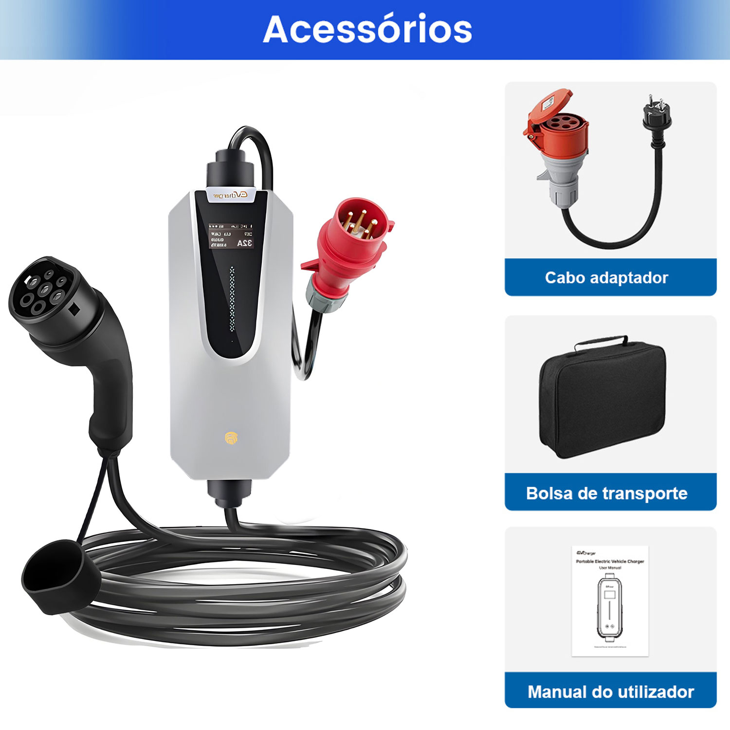 Un cargador portátil para VE con cable, adaptador, bolsa y manual.