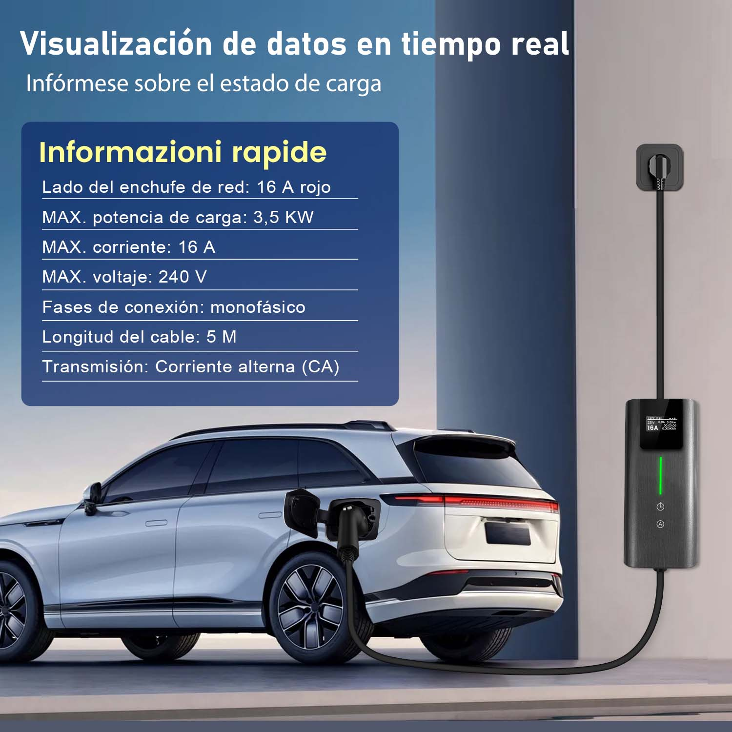 Un coche eléctrico blanco carga con un punto de carga negro. Texto en español.