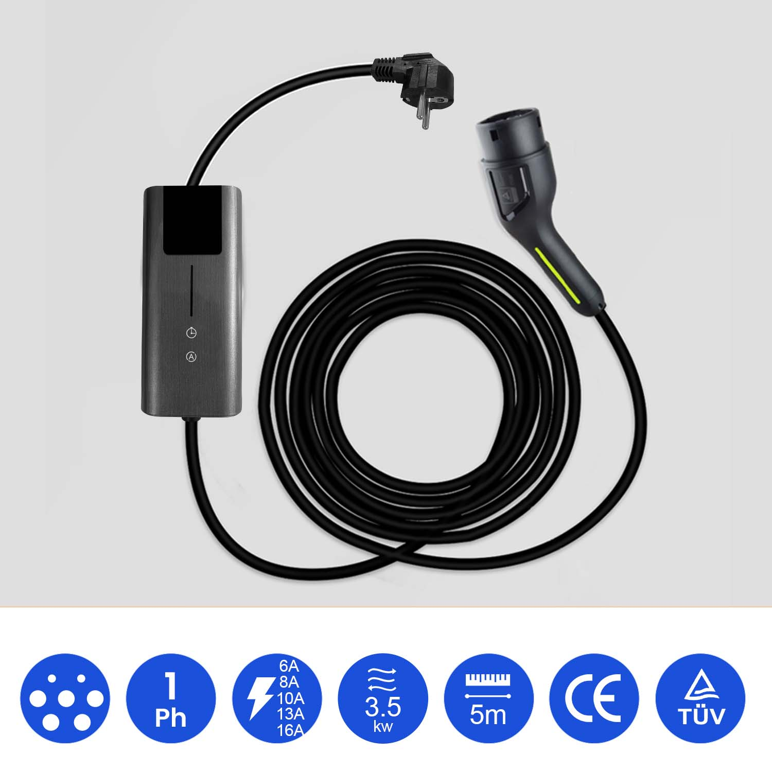 Cable de carga EV negro con enchufe y cargador, símbolos cerca.