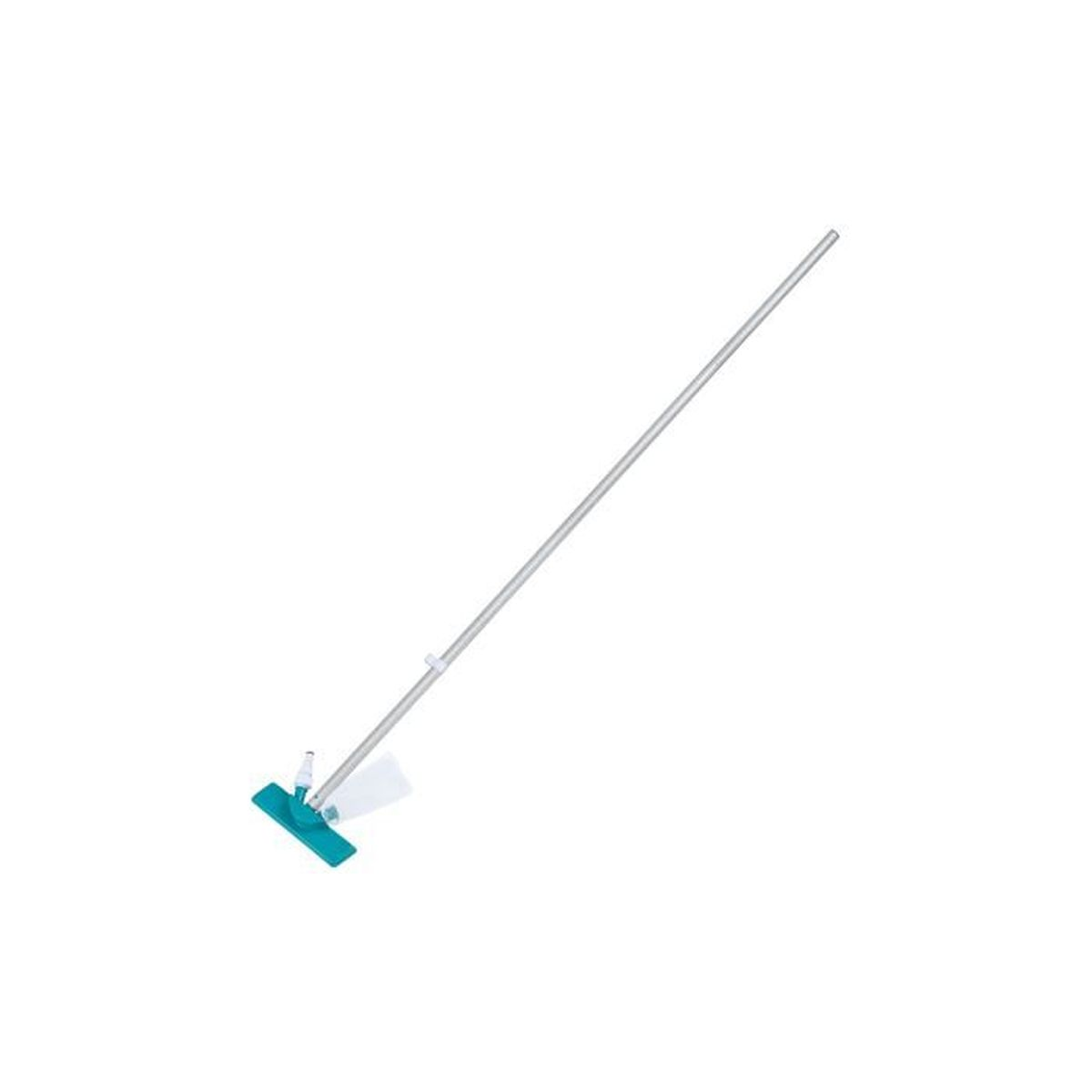 Una testa di mocio blu con manico argentato su sfondo bianco.