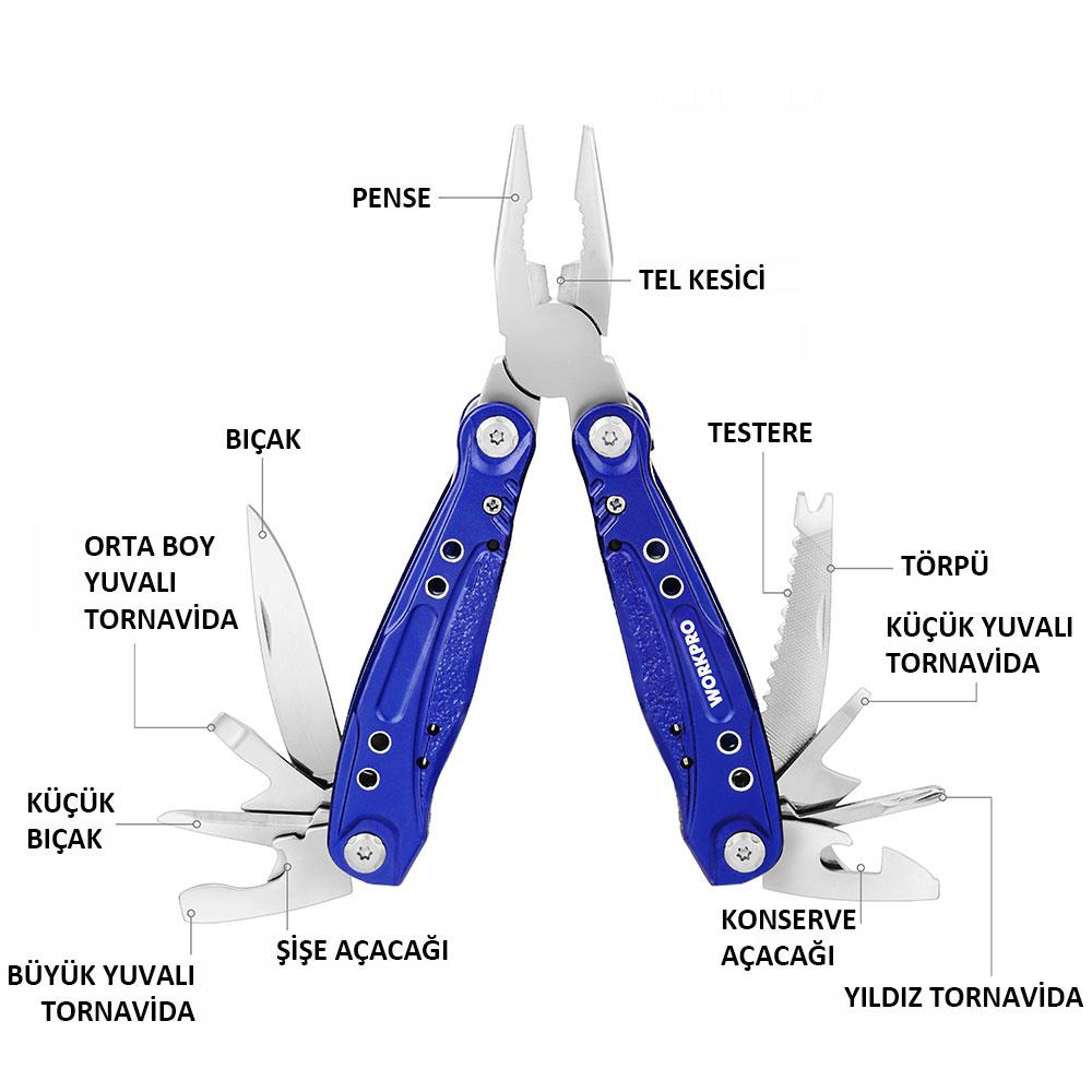 Açık aletli mavi çok amaçlı alet: pense, bıçak, testere, törpü, tornavidalar.