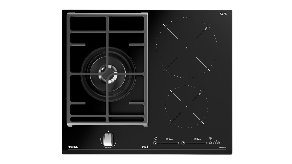 Placa de cocina negra con un quemador de gas y dos zonas de inducción.