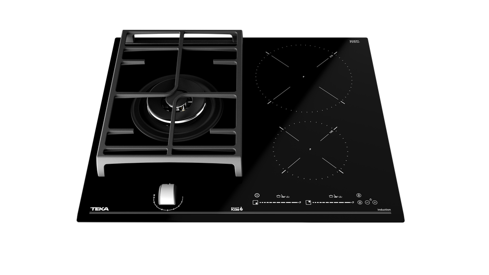 Placa de cocina negra con un quemador de gas, una rejilla y dos zonas de inducción.