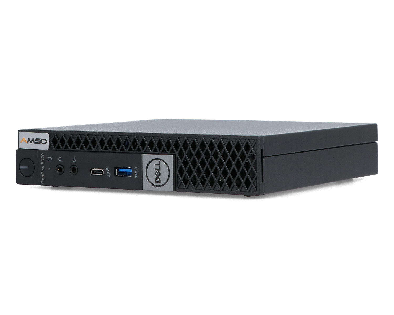 Czarny mini PC Dell OptiPlex 5070 z portami i logo Dell z przodu.