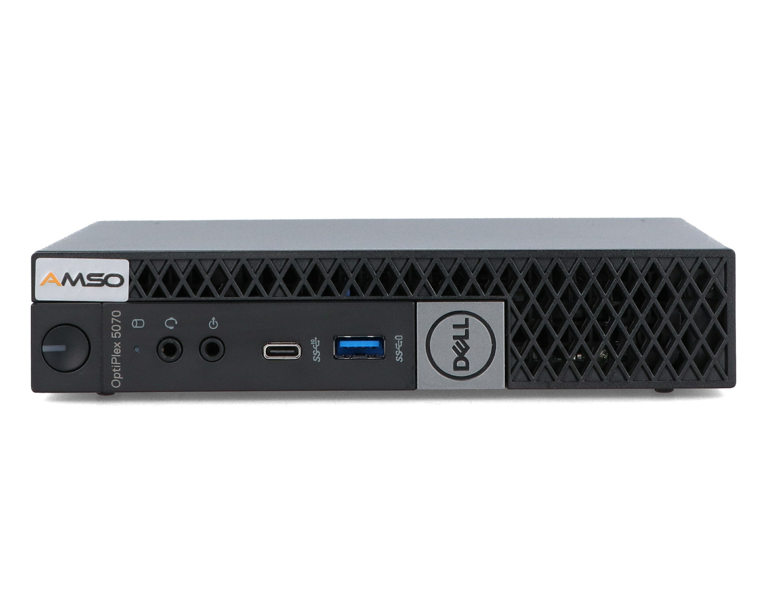 Mini komputer Dell OptiPlex 5070 z logo AMSO z przodu.