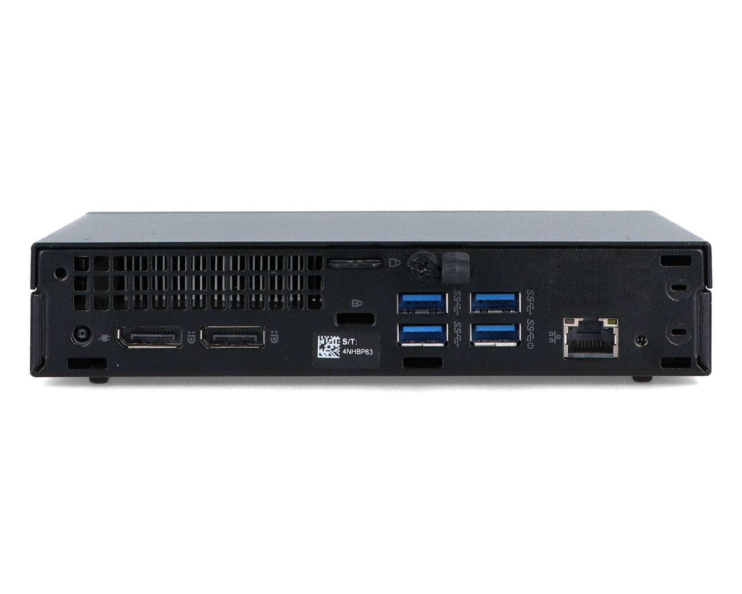 Tył czarnego mini PC z portami HDMI, DisplayPort, USB i Ethernet.