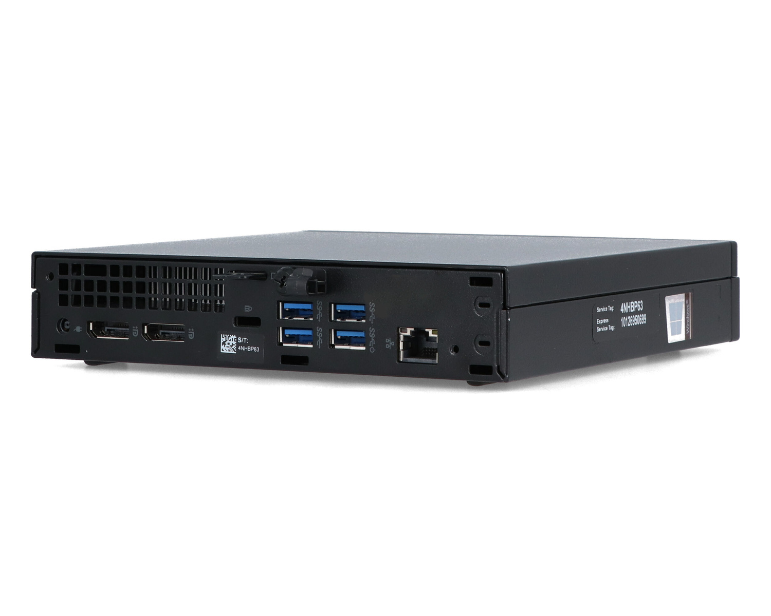 Czarny mini PC widok z tyłu: HDMI, DisplayPort, porty USB, Ethernet, S/T: 4NHBP63.