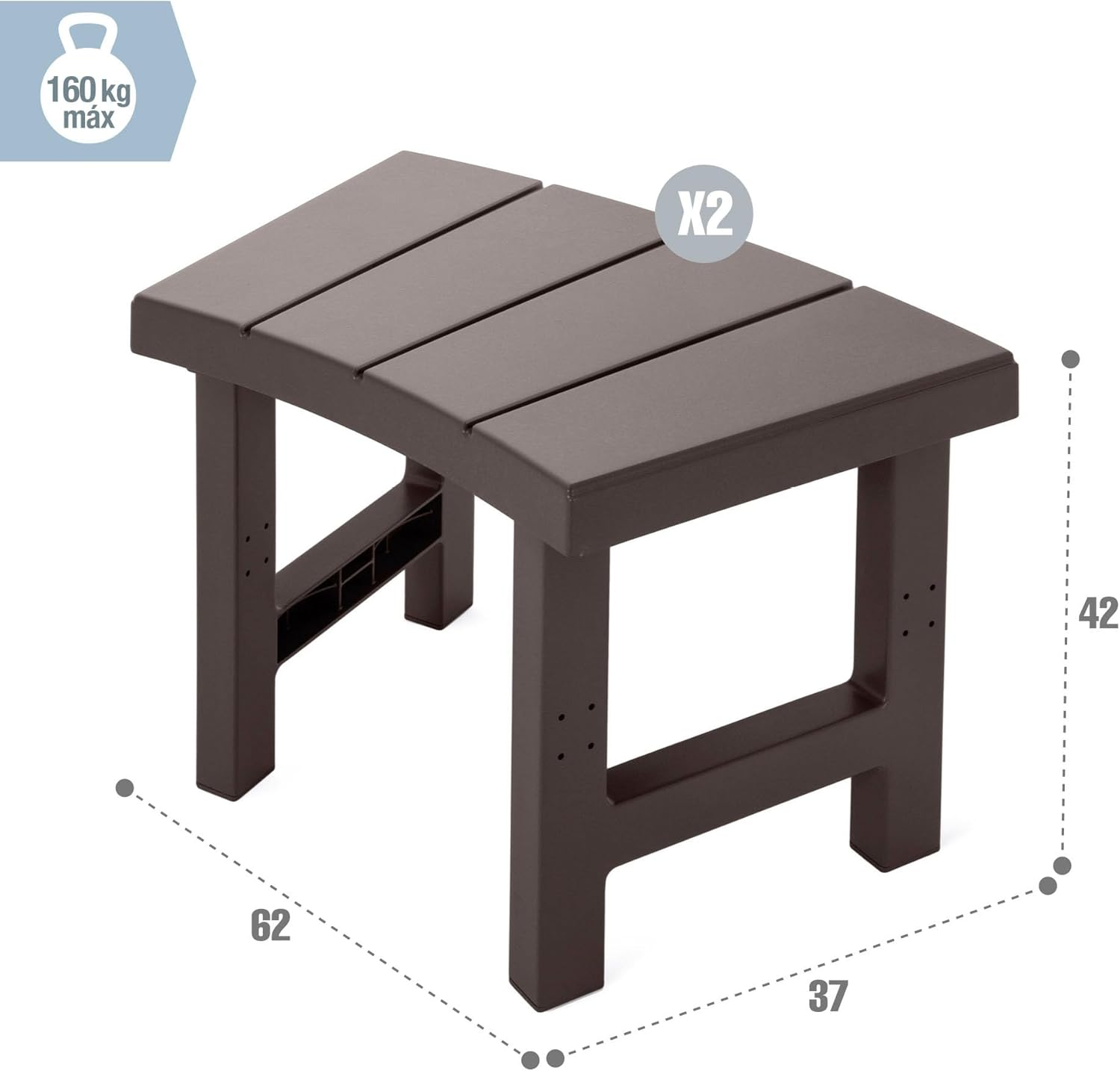 Uno sgabello in plastica marrone scuro con piano a doghe, dimensioni 62x37x42 cm, max 160 kg.