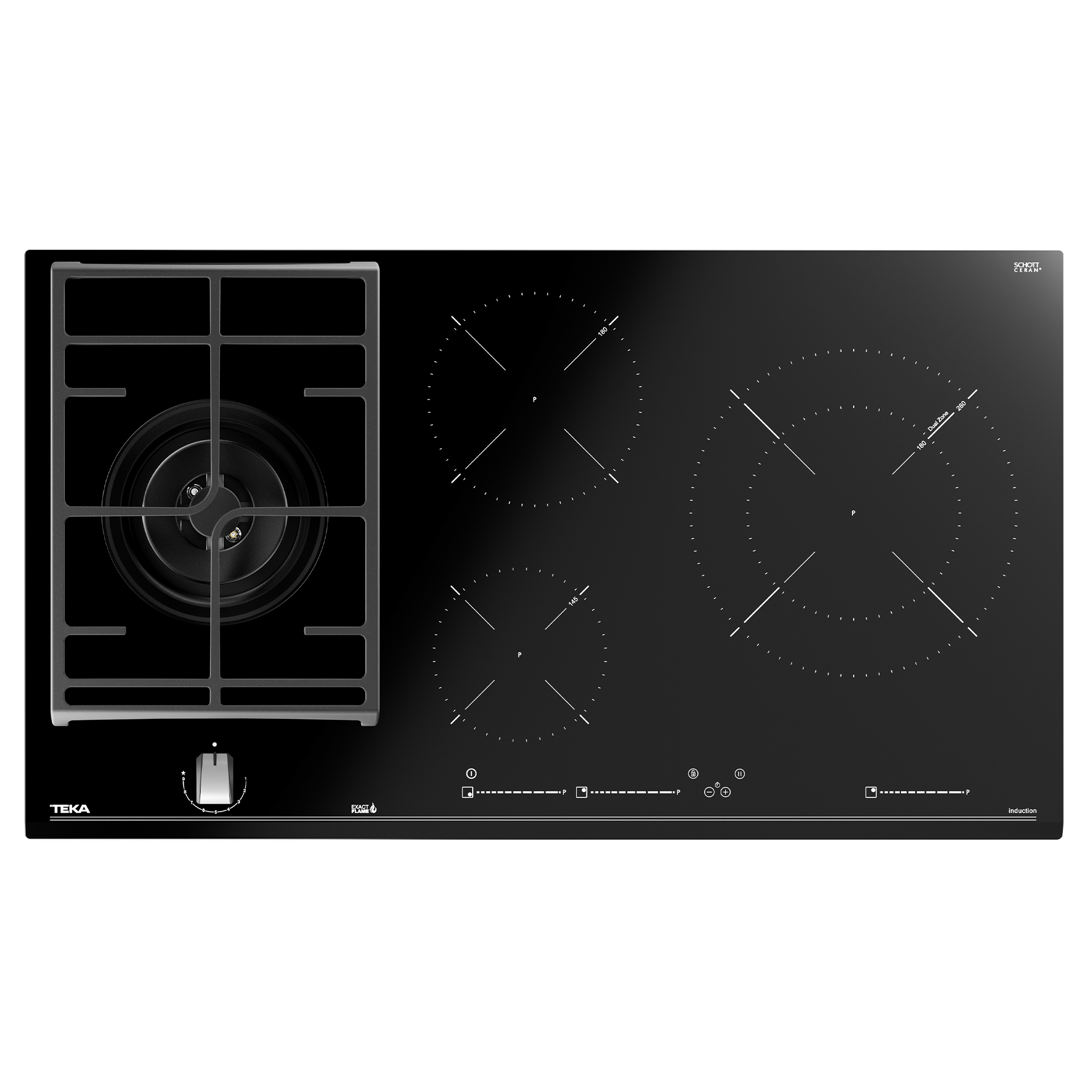 Placa de cocina negra con un quemador de gas y tres zonas de inducción.