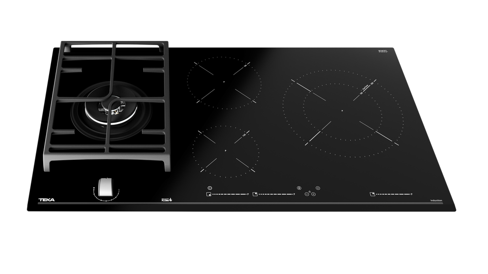 Placa de cocina negra con un quemador de gas a la izquierda y tres zonas de inducción a la derecha.