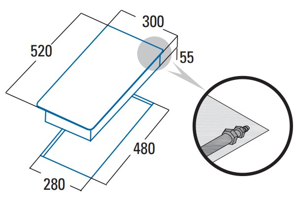 Dibujo técnico de un objeto rectangular con dimensiones 520x300x55mm y vista de cerca.