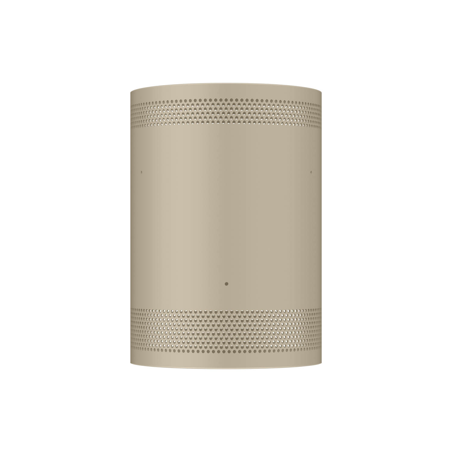 Eine beige zylindrische Smart-Home-Box mit Lochmuster oben und unten.