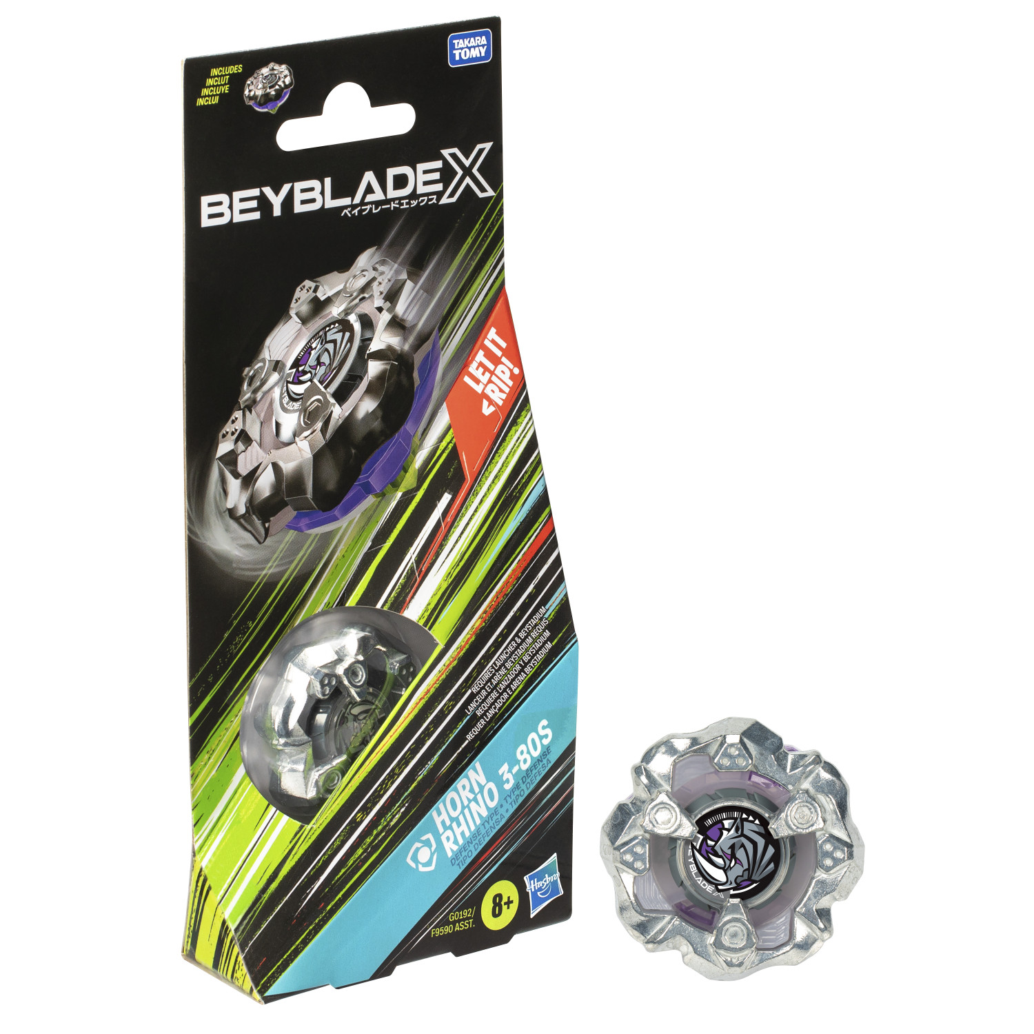 Juguete Beyblades X Horn Rhino 3-80S con embalaje y peonza Beyblade al lado.