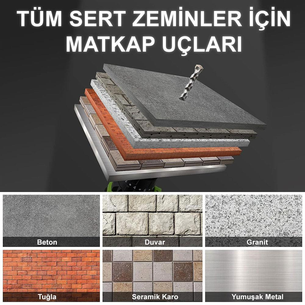 Katmanlı malzemeler üzerinde matkap ucu: beton, duvar, granit, tuğla, karo, metal.