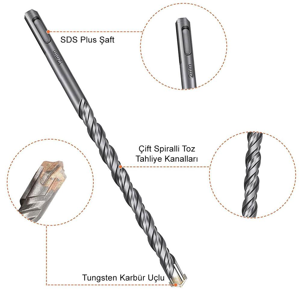 Tungsten karbür uçlu, çift spiralli toz tahliye kanallı gri SDS Plus matkap ucu.