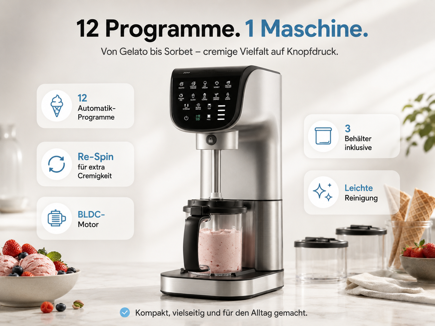 Eismaschine mit 12 Programmen, BLDC-Motor, Re-Spin und 3 Behältern.