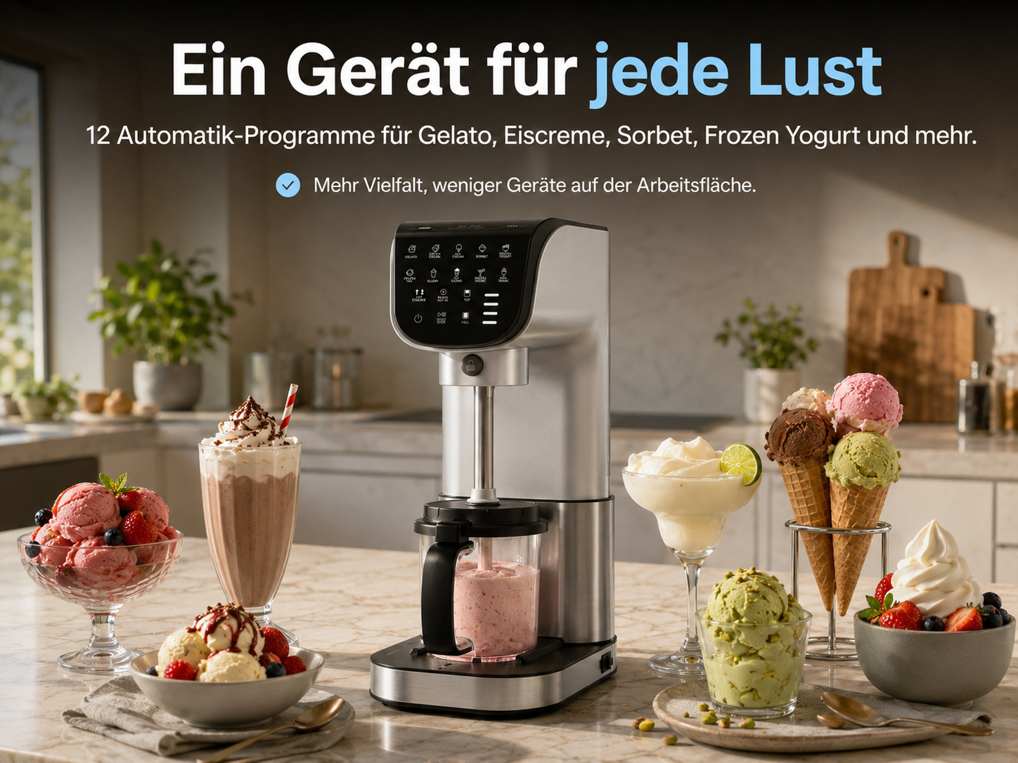 Eismaschine mit diversen Eissorten wie Gelato, Sorbet und Frozen Yogurt.